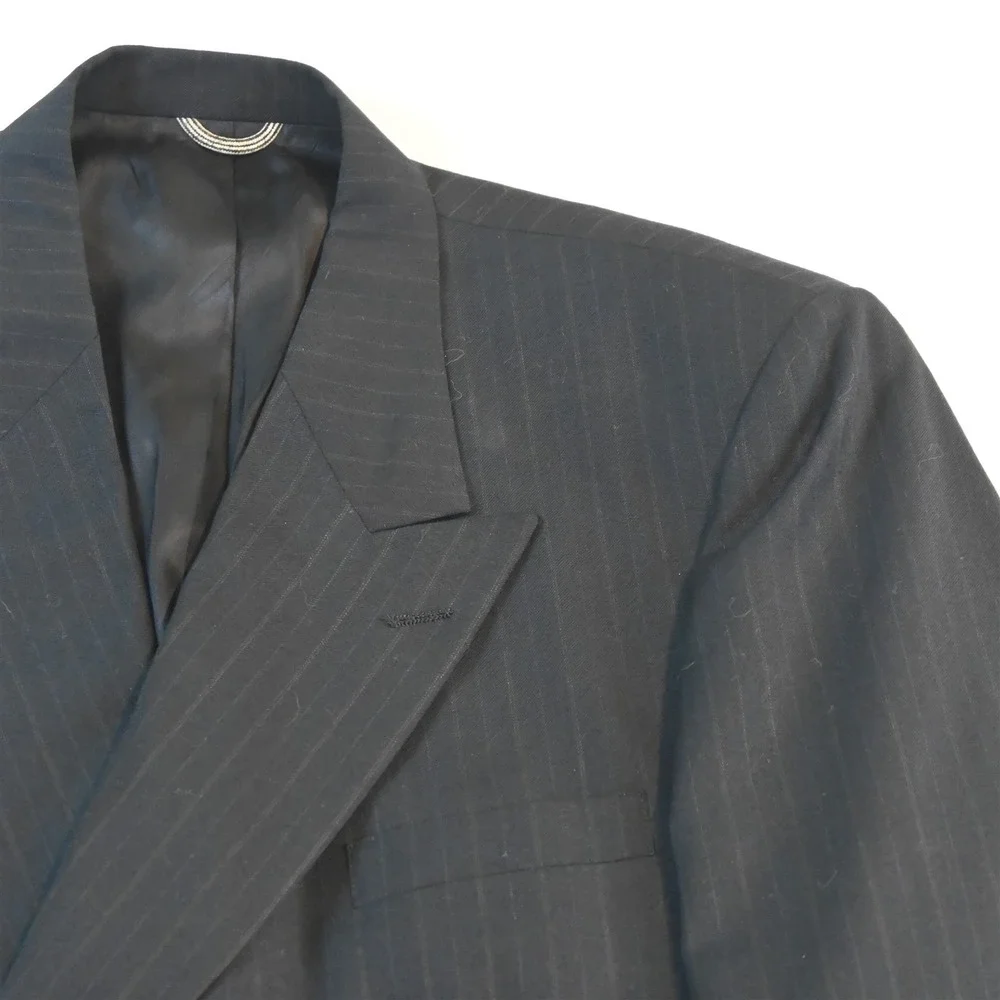 Vtg USA Made Double Breasted 44R 38x30 Black Striped 100% Wool Jacket Pants Suit